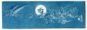 ドラゴンの戦車と妖精のミンストレルが月を横切る（紙にペン、インク、トイレ）